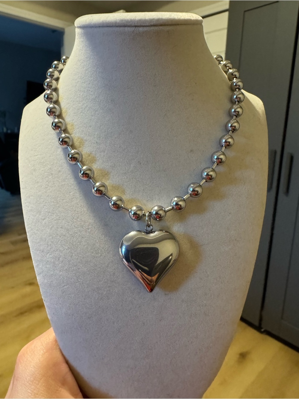 Silver Heart Pendant Bead Necklace - Women Jewelry